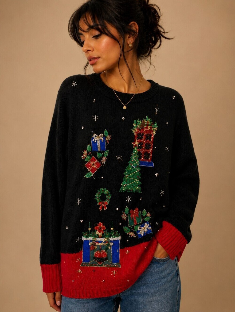 VTG VICTORIA JONES Embroidered Beaded Christmas Oversized Long Sleeve Sweater